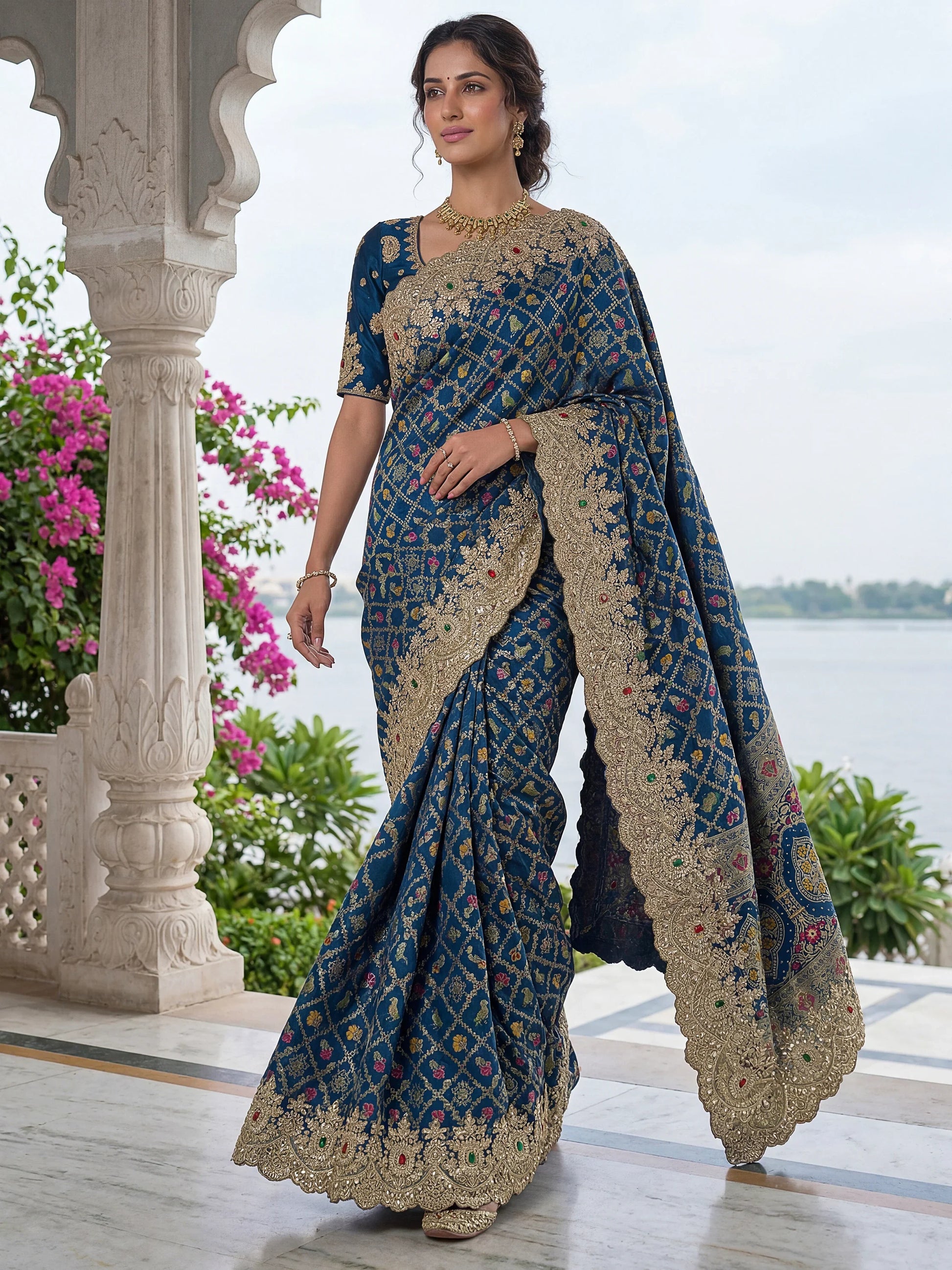Amazing Navy Blue Dori Embroidered Silk Engagement Wear Saree