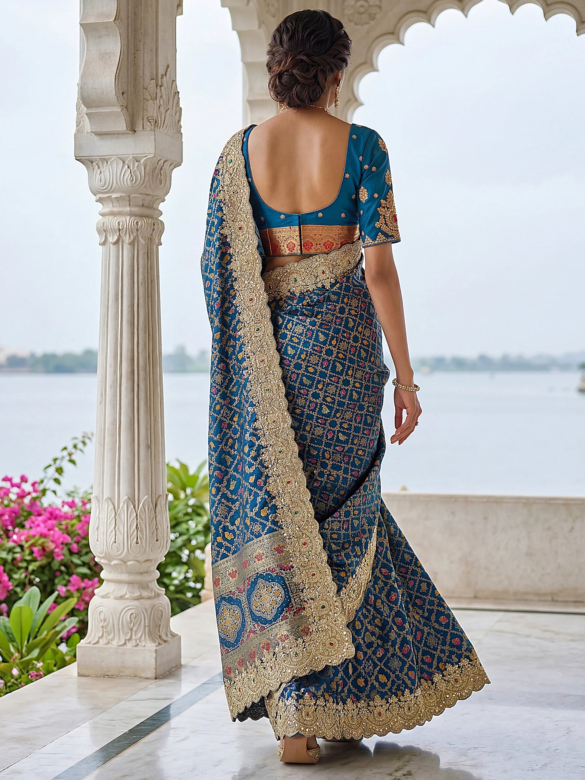 Amazing Navy Blue Dori Embroidered Silk Engagement Wear Saree