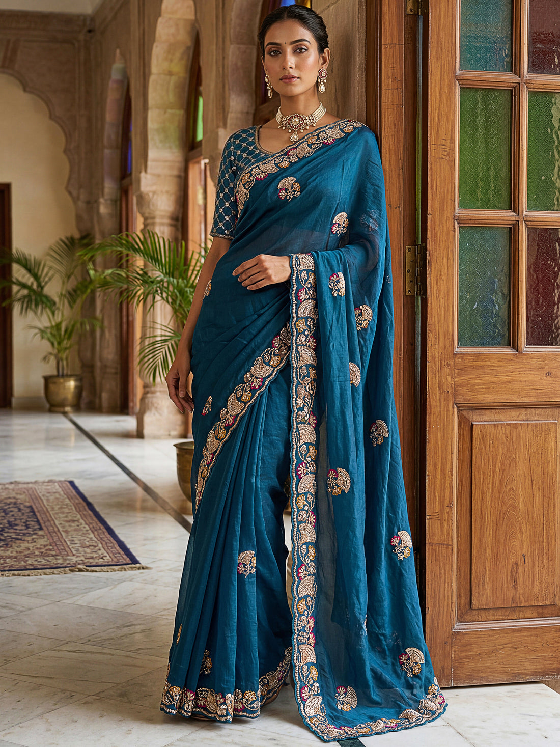 Spectacular Teal Blue Beads Work Silk Saree With Blouse