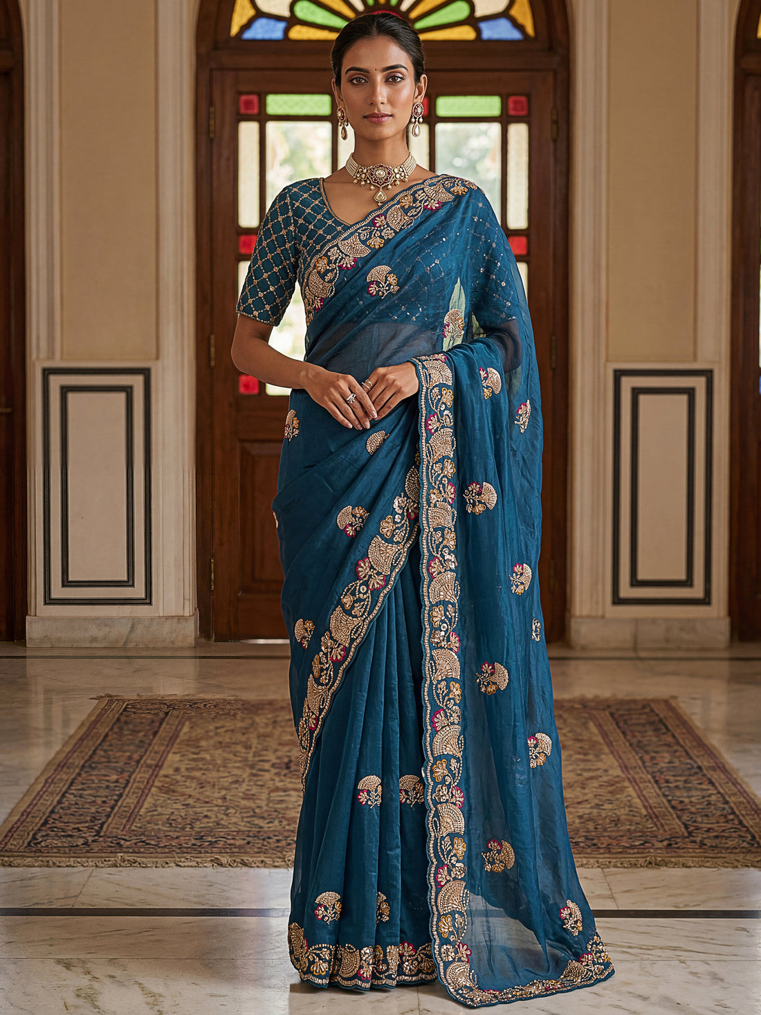 Spectacular Teal Blue Beads Work Silk Saree With Blouse