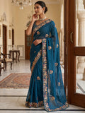 Spectacular Teal Blue Beads Work Silk Saree With Blouse