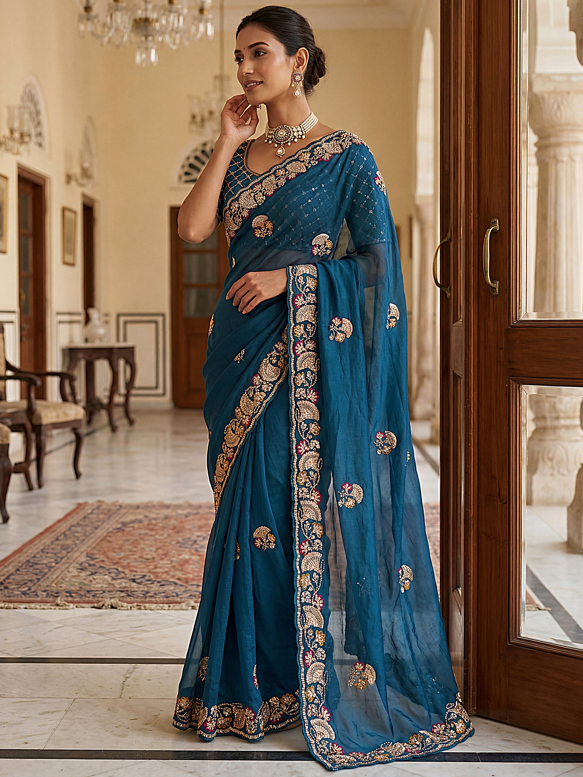Spectacular Teal Blue Beads Work Silk Saree With Blouse