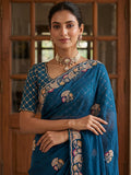 Spectacular Teal Blue Beads Work Silk Saree With Blouse