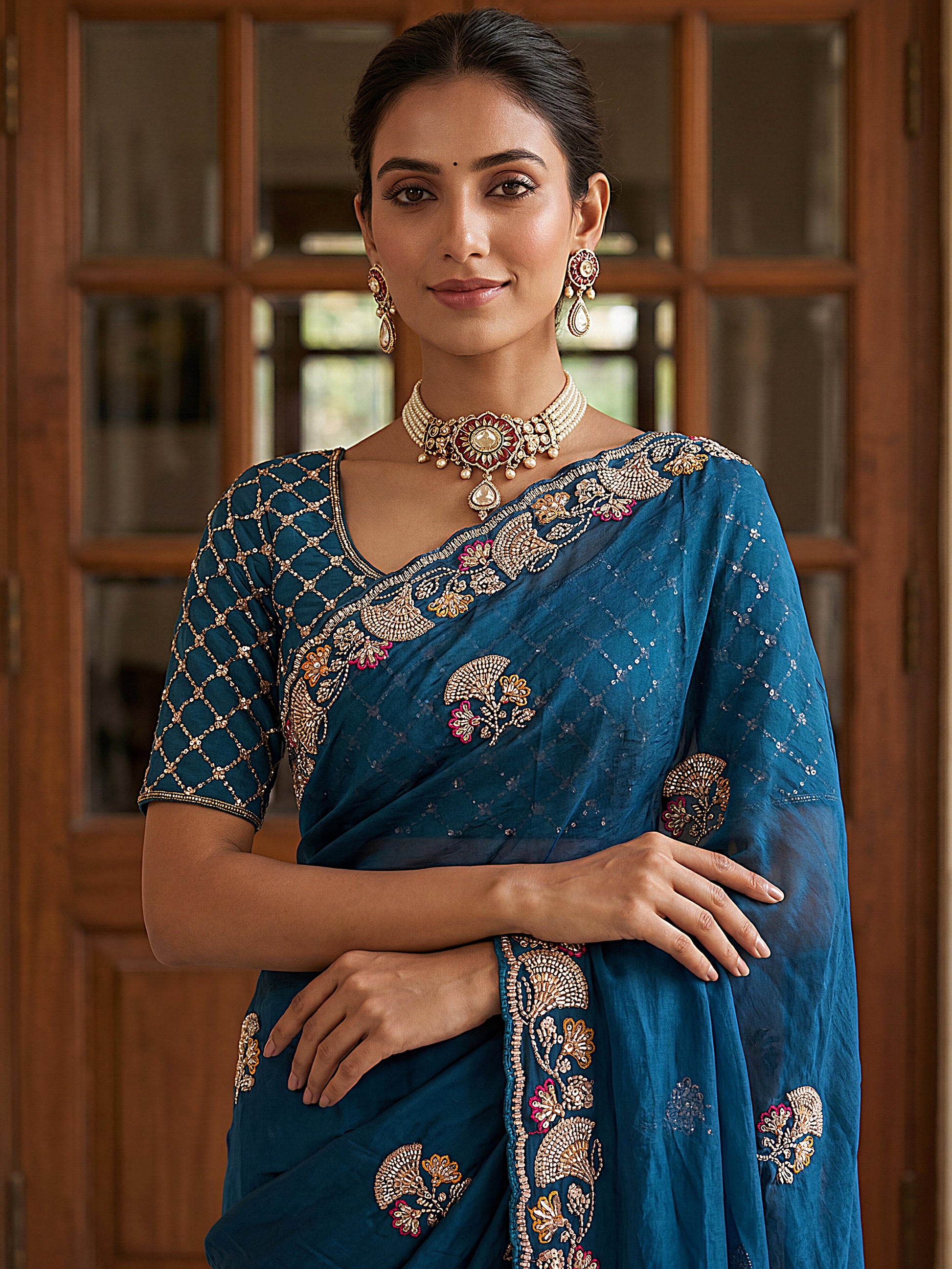 Spectacular Teal Blue Beads Work Silk Saree With Blouse