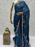 Spectacular Teal Blue Beads Work Silk Saree With Blouse