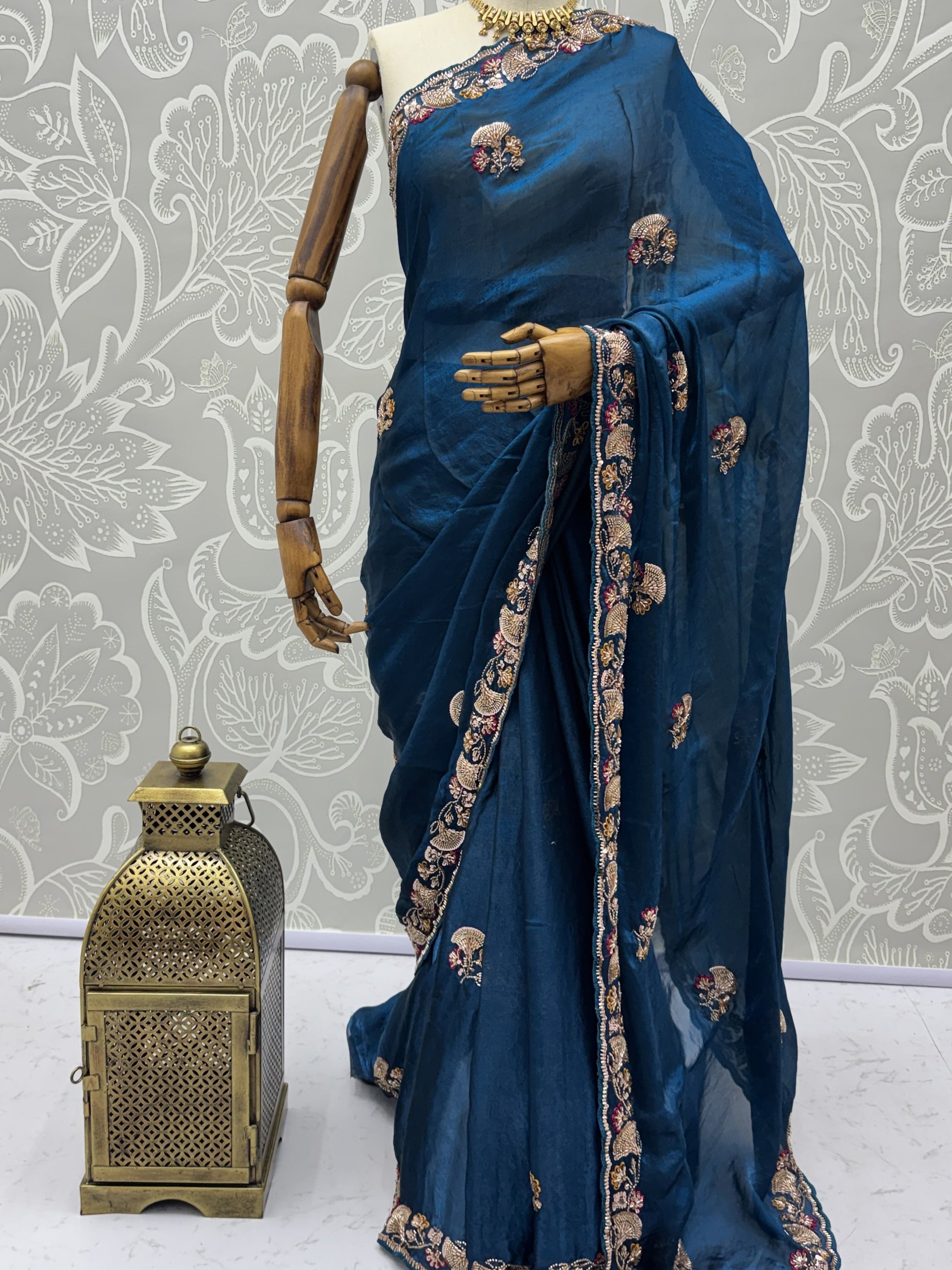 Spectacular Teal Blue Beads Work Silk Saree With Blouse