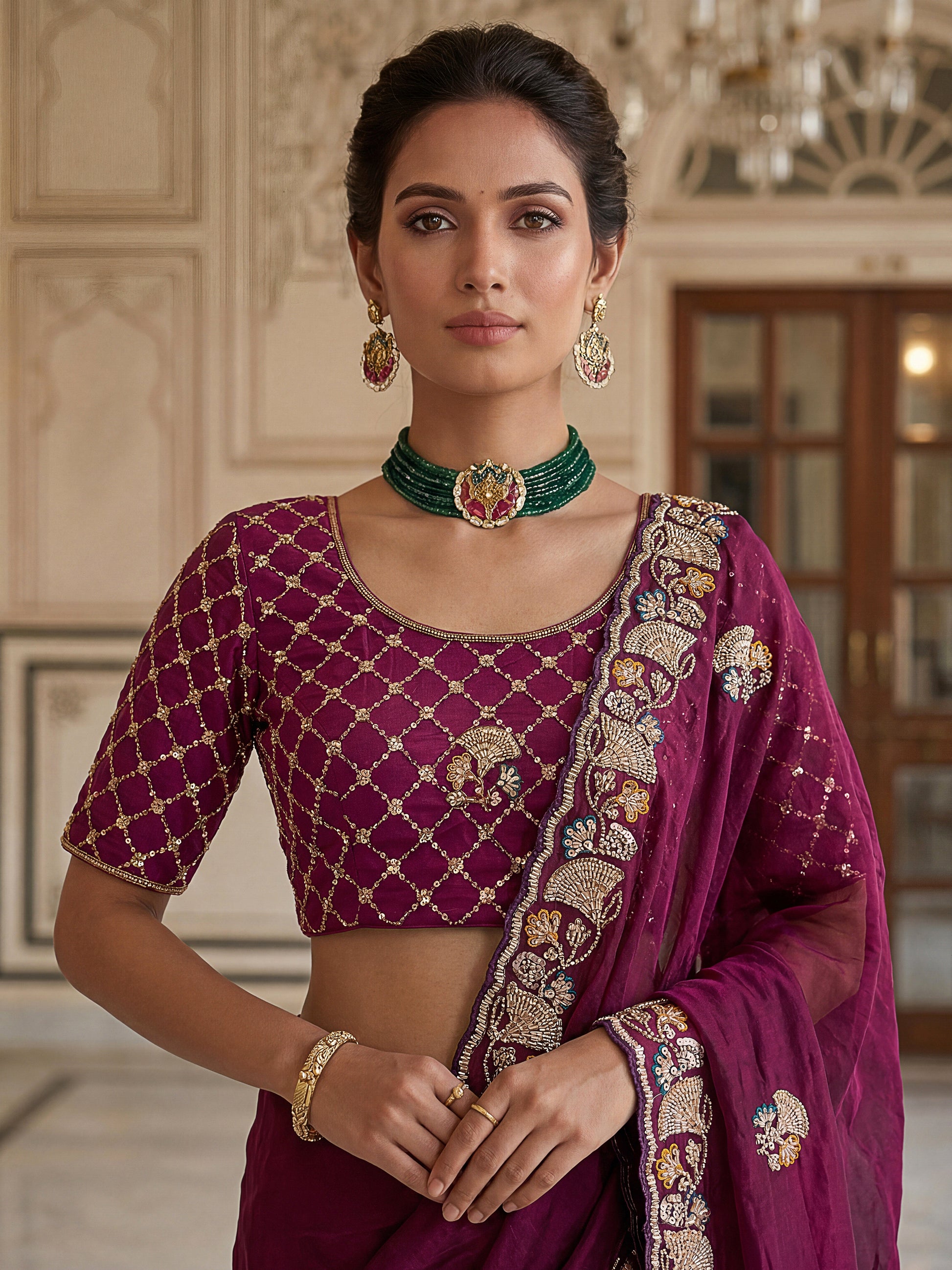 Pretty Wine Embroidered Silk Engagement Wear Saree With Blouse
