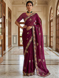 Pretty Wine Embroidered Silk Engagement Wear Saree With Blouse