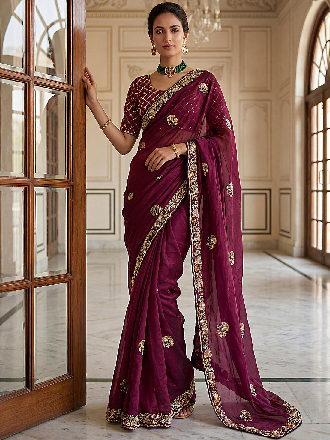 Pretty Wine Embroidered Silk Engagement Wear Saree With Blouse
