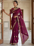 Pretty Wine Embroidered Silk Engagement Wear Saree With Blouse