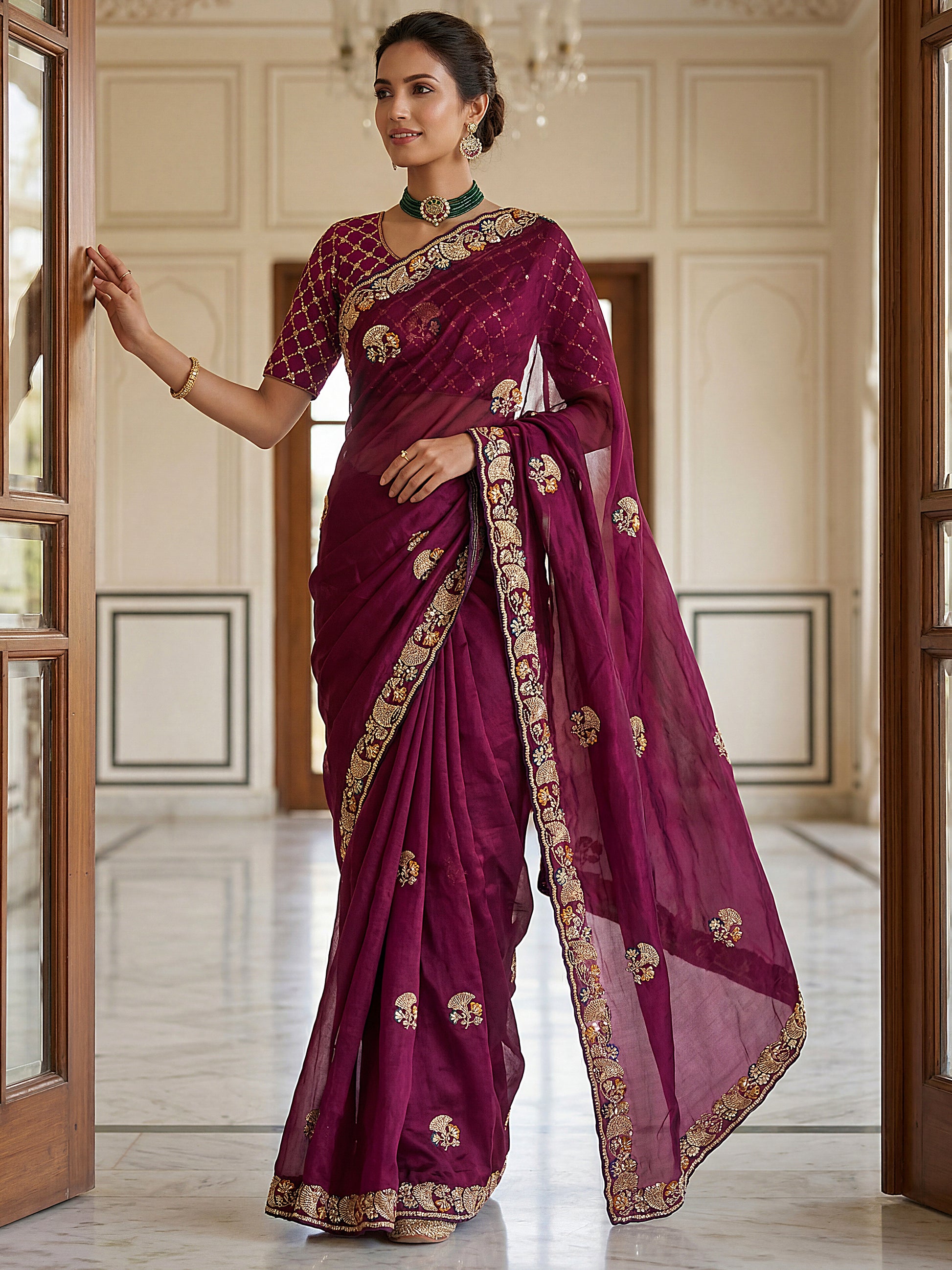 Pretty Wine Embroidered Silk Engagement Wear Saree With Blouse