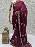 Pretty Wine Embroidered Silk Engagement Wear Saree With Blouse