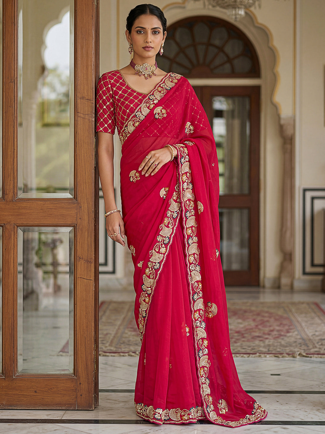 Bewitching Rani Pink Sequins Silk Reception Wear Saree With Blouse