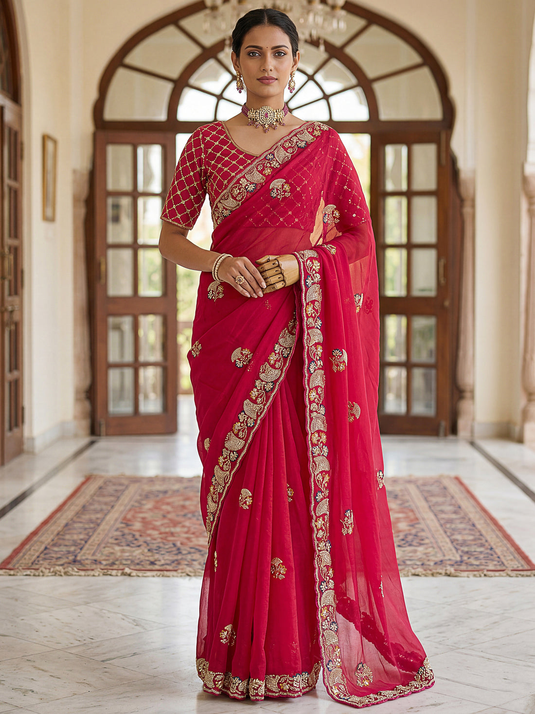 Bewitching Rani Pink Sequins Silk Reception Wear Saree With Blouse