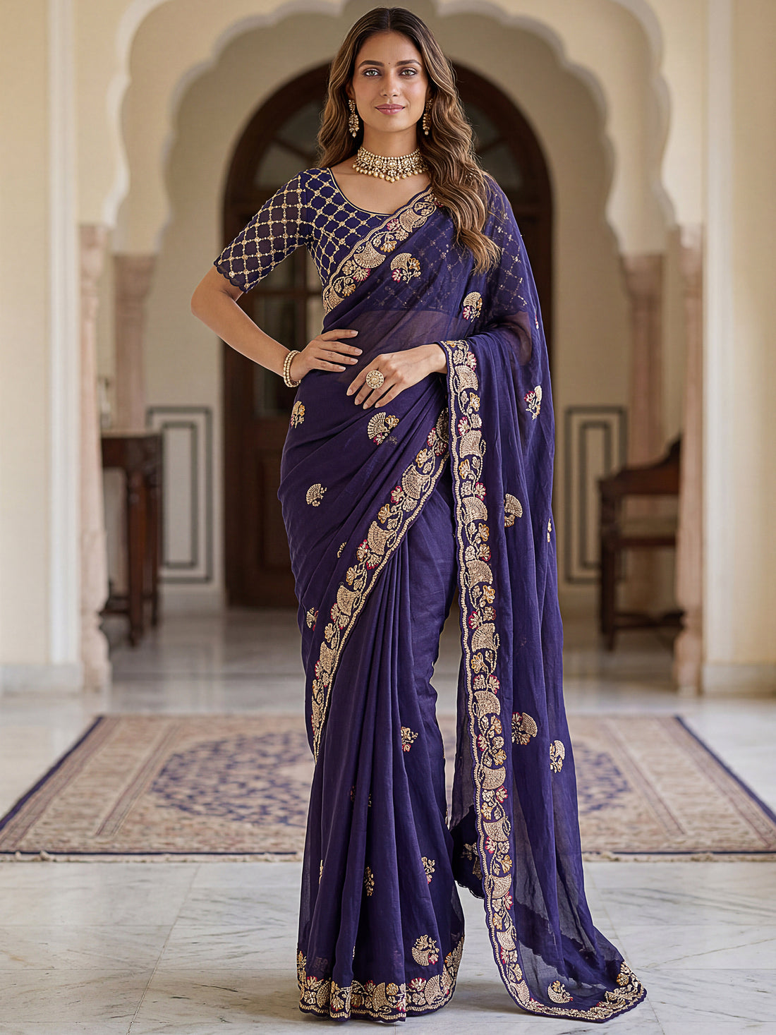 Lavish Navy Blue Thread Work Silk Engagement Wear Saree With Blouse