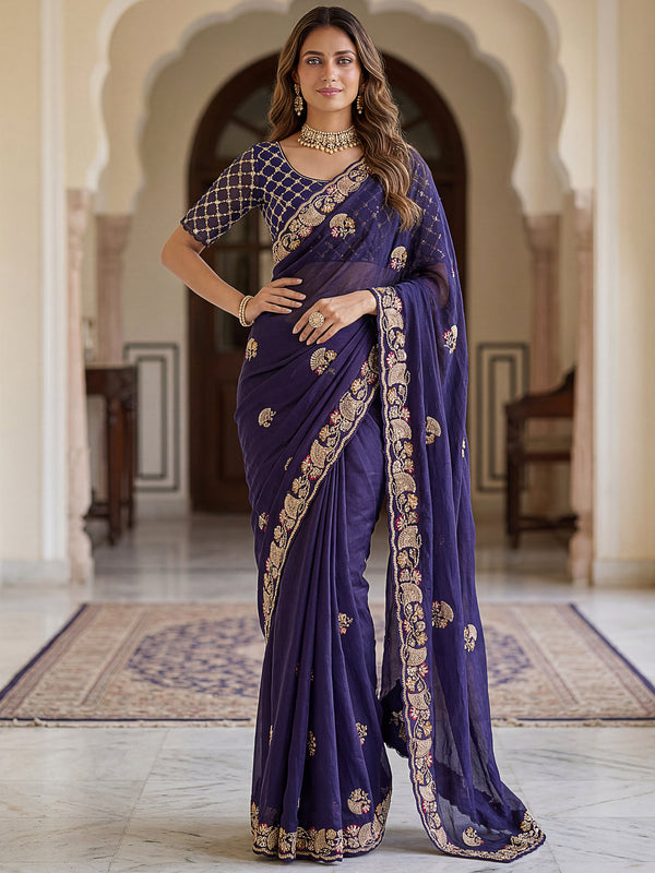 Lavish Navy Blue Thread Work Silk Engagement Wear Saree With Blouse