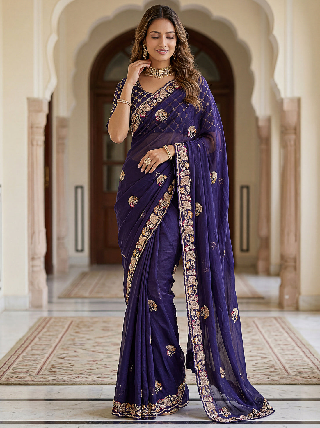 Lavish Navy Blue Thread Work Silk Engagement Wear Saree With Blouse