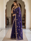 Lavish Navy Blue Thread Work Silk Engagement Wear Saree With Blouse