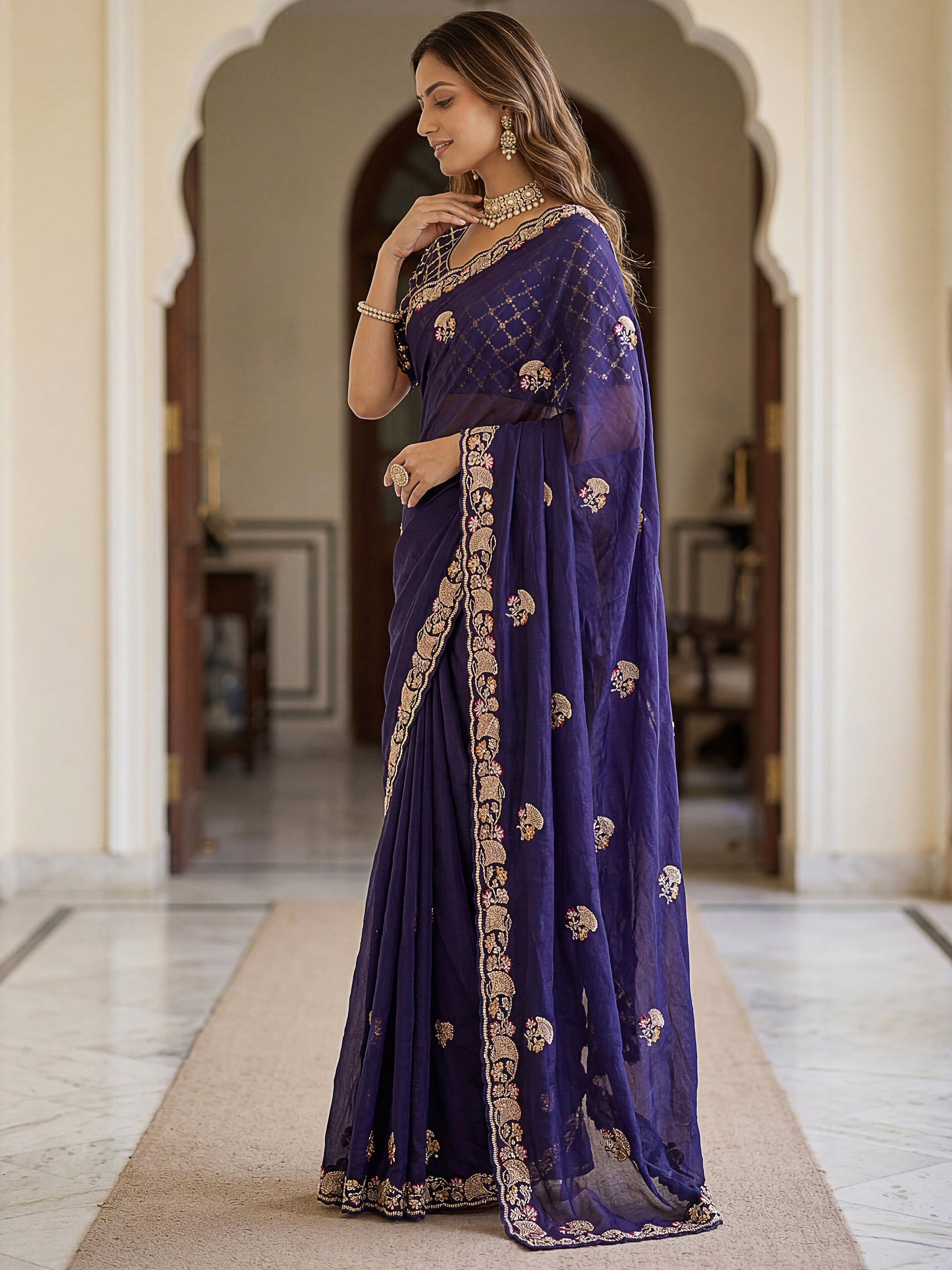 Lavish Navy Blue Thread Work Silk Engagement Wear Saree With Blouse