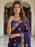 Lavish Navy Blue Thread Work Silk Engagement Wear Saree With Blouse