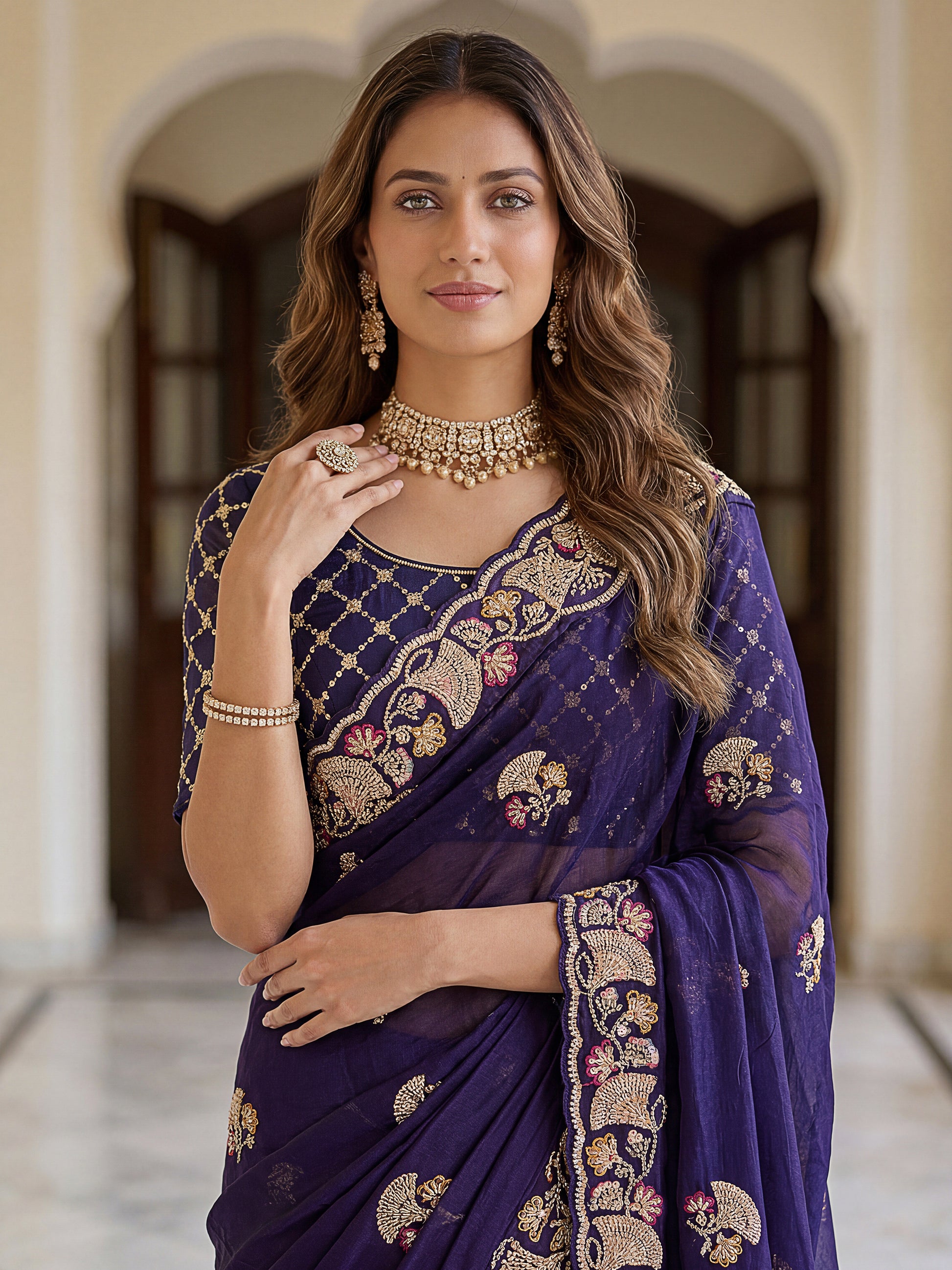 Lavish Navy Blue Thread Work Silk Engagement Wear Saree With Blouse