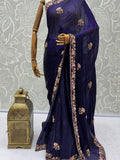 Lavish Navy Blue Thread Work Silk Engagement Wear Saree With Blouse