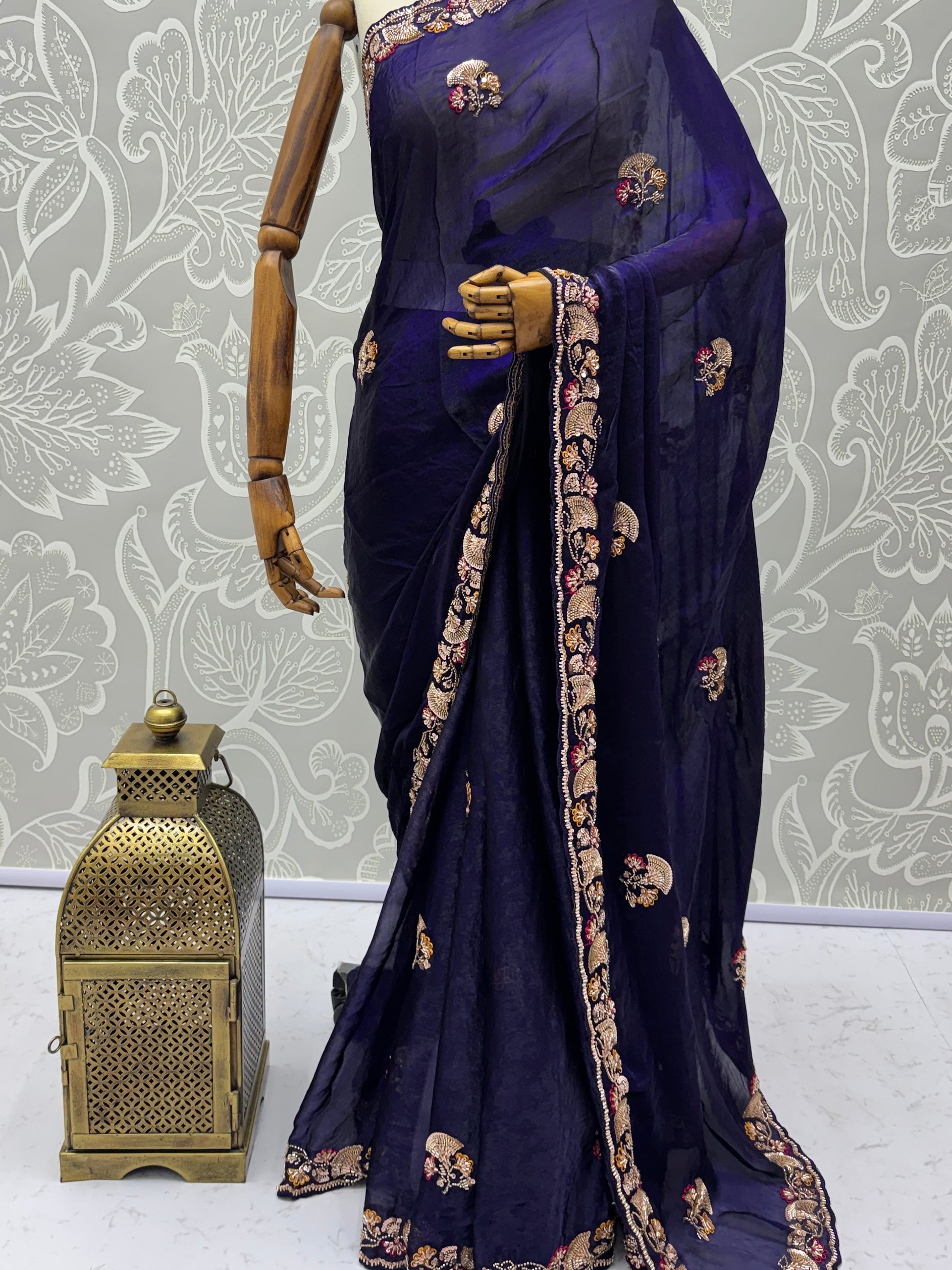 Lavish Navy Blue Thread Work Silk Engagement Wear Saree With Blouse