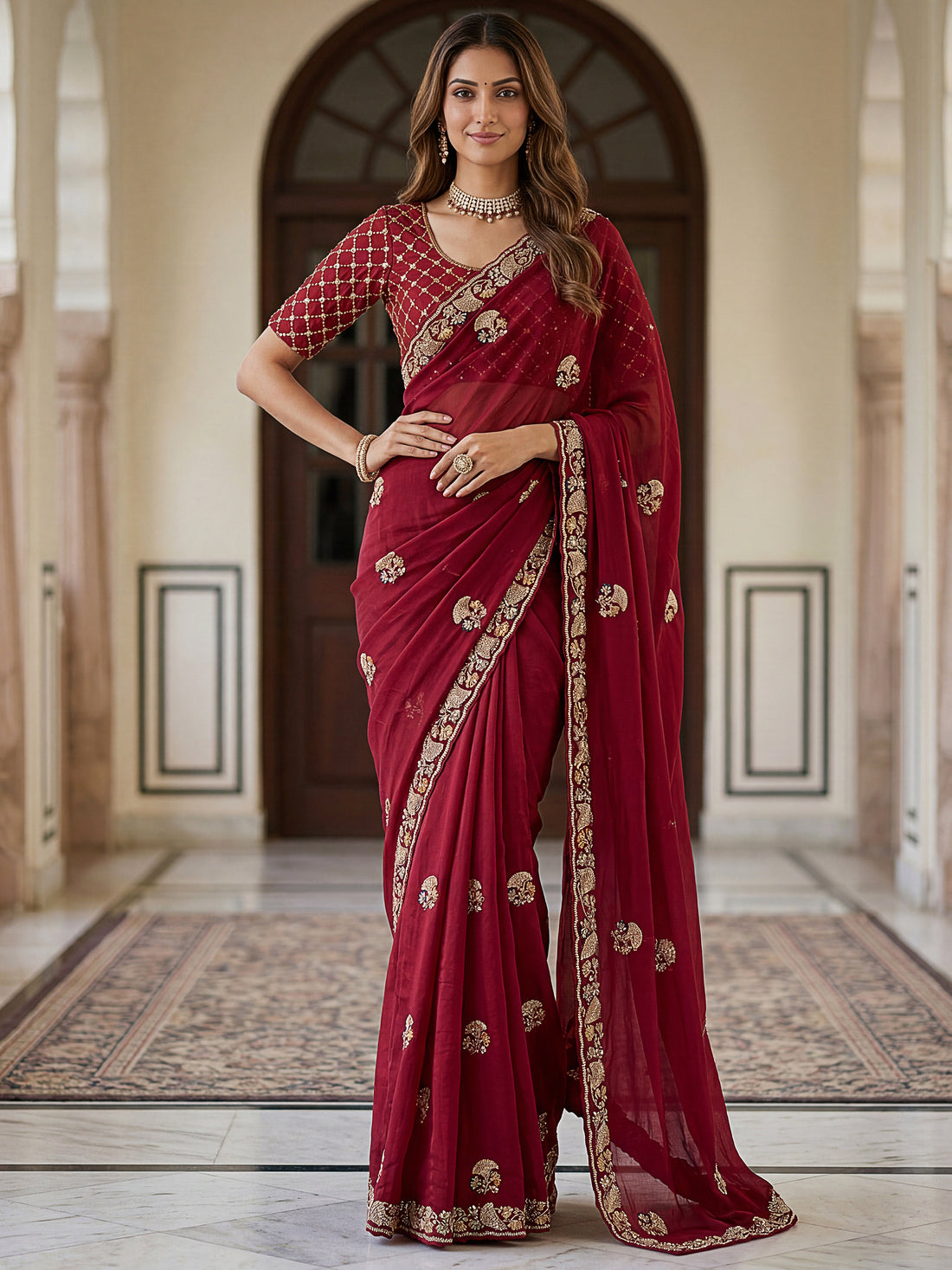 Beautiful Maroon Sequins Silk Wedding Wear Saree With Blouse