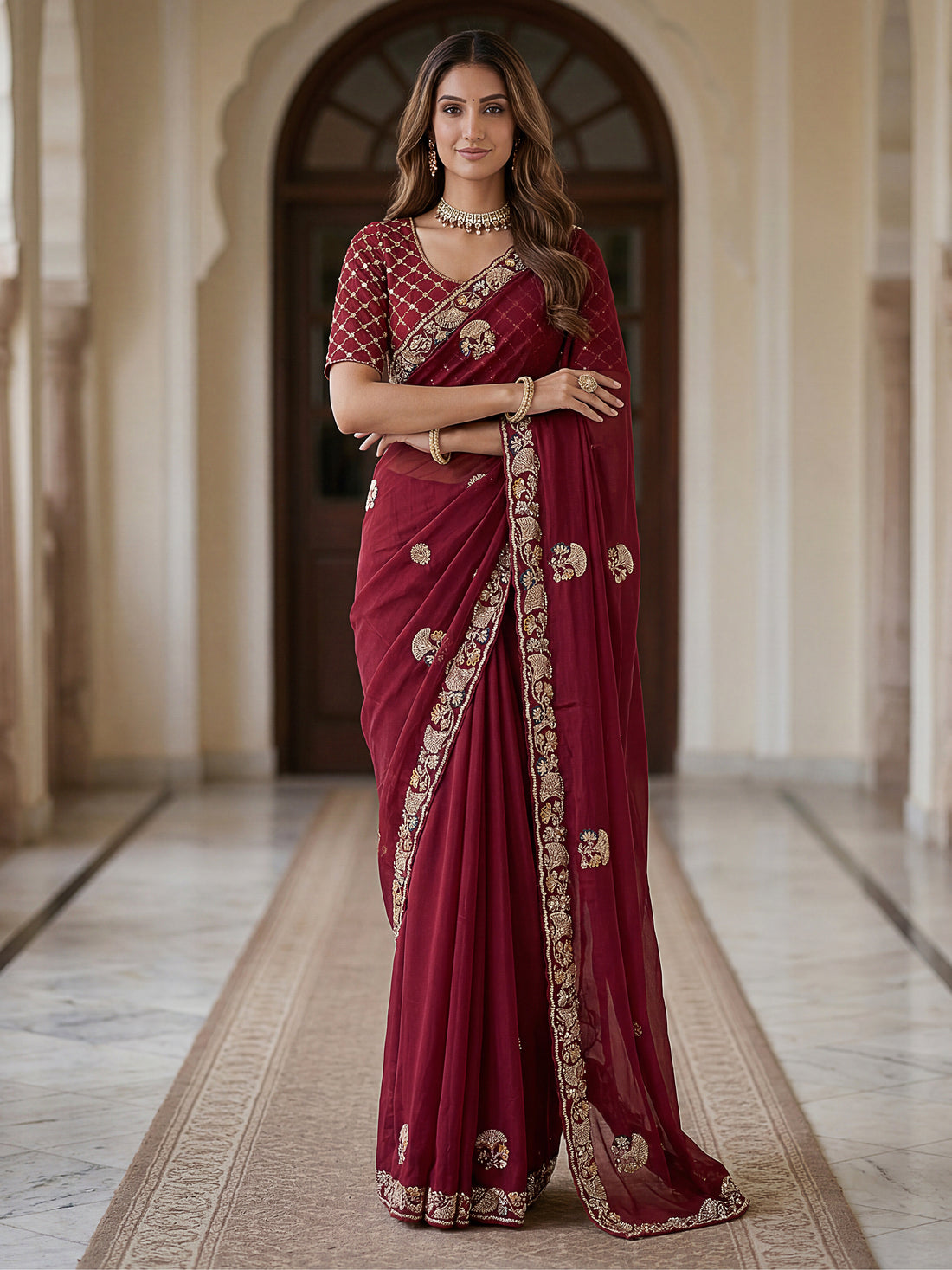 Beautiful Maroon Sequins Silk Wedding Wear Saree With Blouse