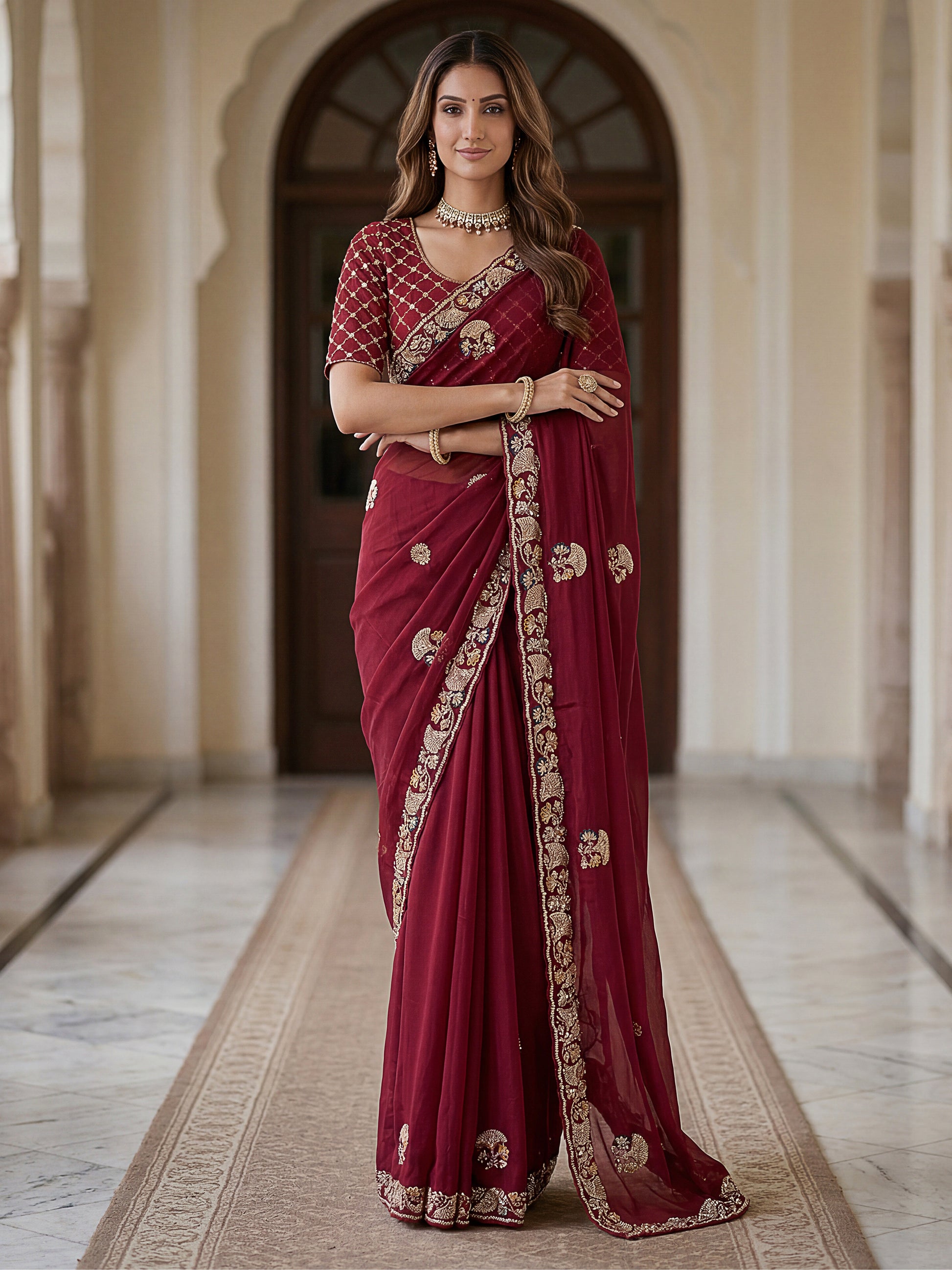 Beautiful Maroon Sequins Silk Wedding Wear Saree With Blouse