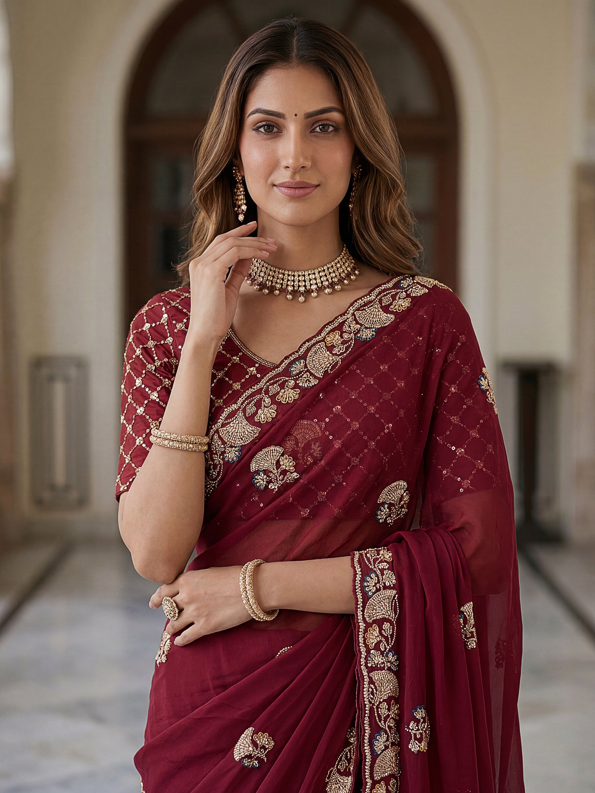 Beautiful Maroon Sequins Silk Wedding Wear Saree With Blouse