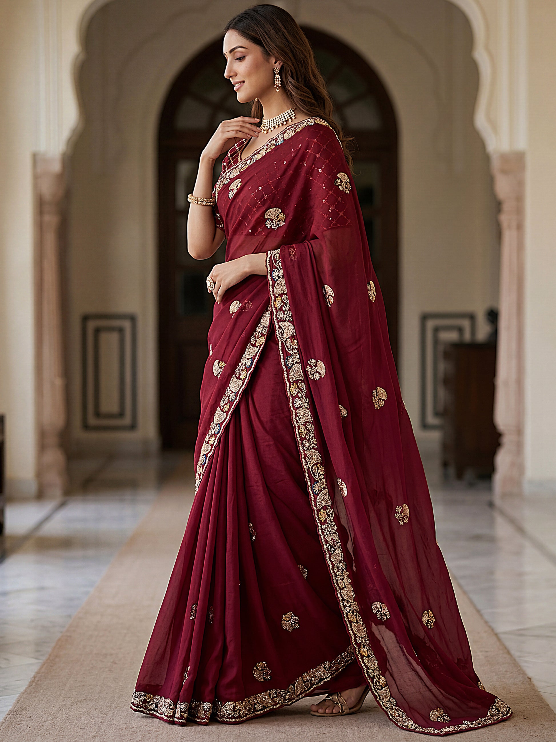 Beautiful Maroon Sequins Silk Wedding Wear Saree With Blouse