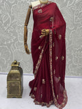 Beautiful Maroon Sequins Silk Wedding Wear Saree With Blouse