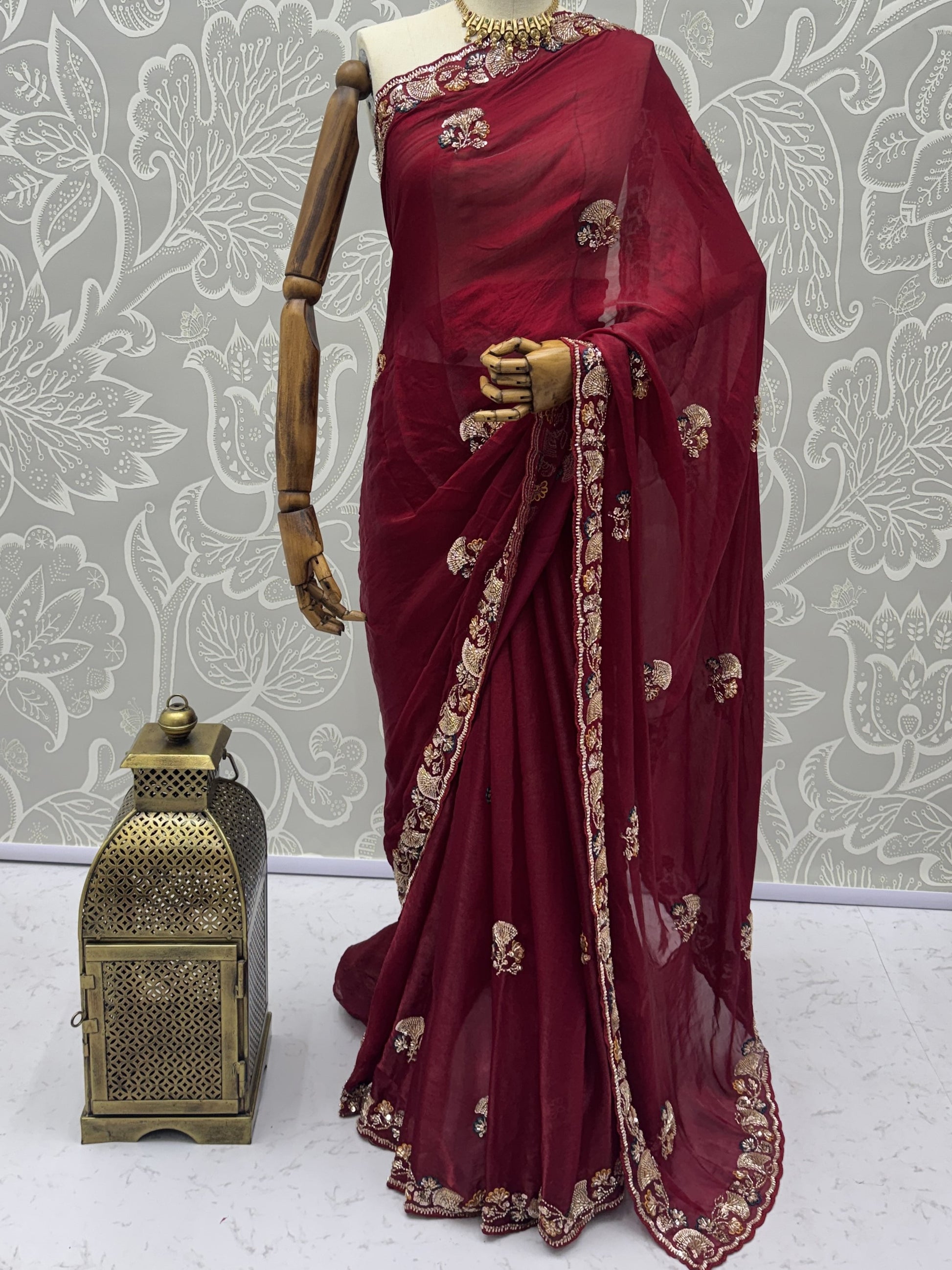 Beautiful Maroon Sequins Silk Wedding Wear Saree With Blouse