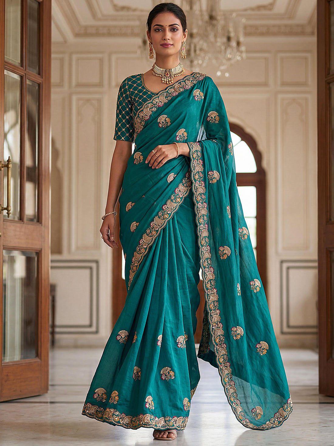 Marvelous Teal Green Embroidered Silk Reception Wear Saree