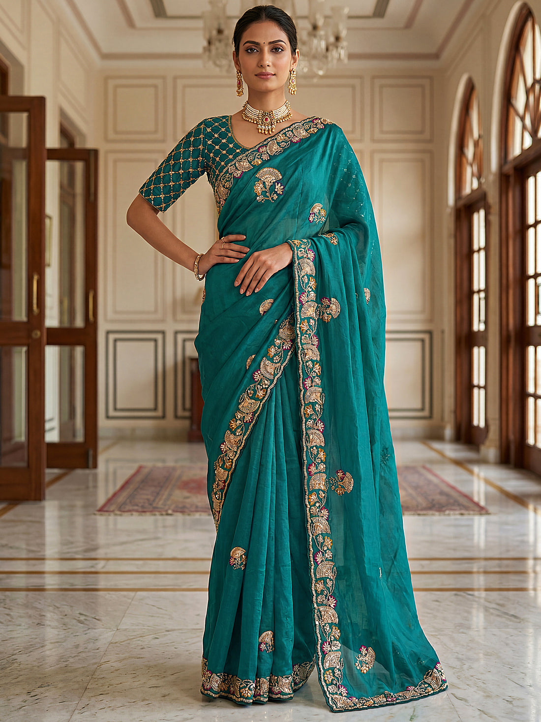 Marvelous Teal Green Embroidered Silk Reception Wear Saree