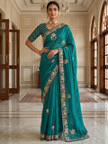 Marvelous Teal Green Embroidered Silk Reception Wear Saree