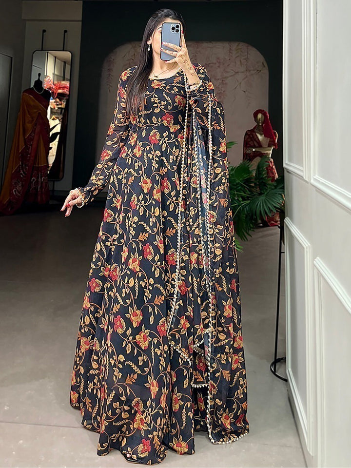 Captivating Black Floral Printed Georgette Gown With Dupatta