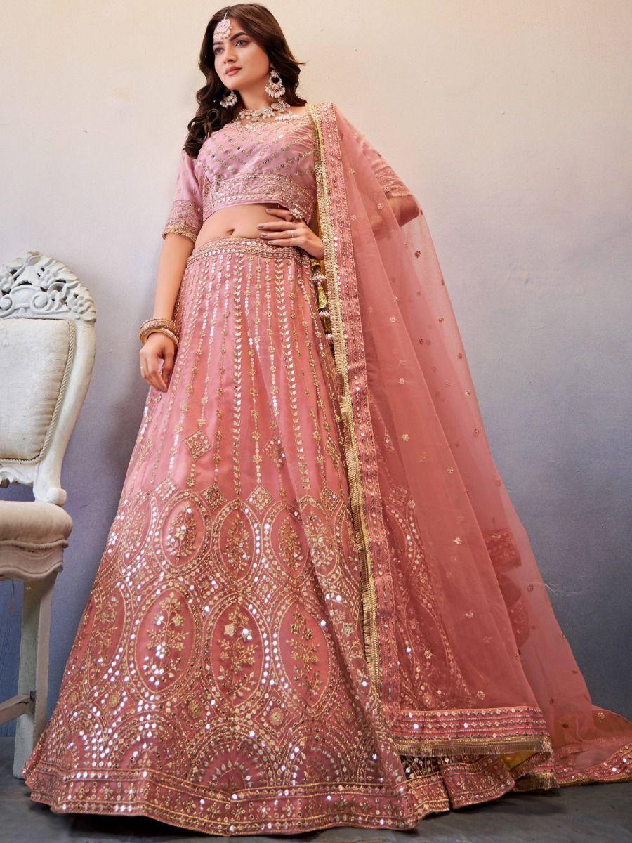 Alluring Peach Sequins Work Net Wedding Lehenga Choli