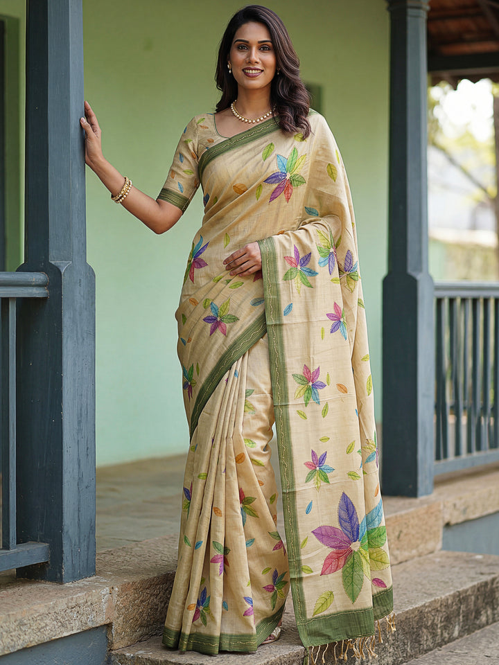 Regal Beige Floral Printed Silk Casual Wear Saree With Blouse