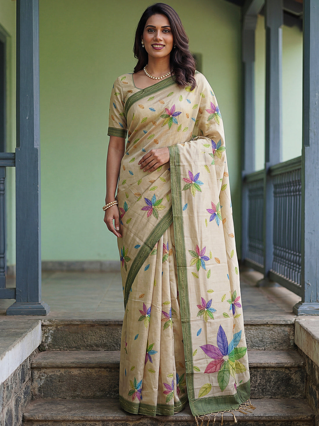 Regal Beige Floral Printed Silk Casual Wear Saree With Blouse