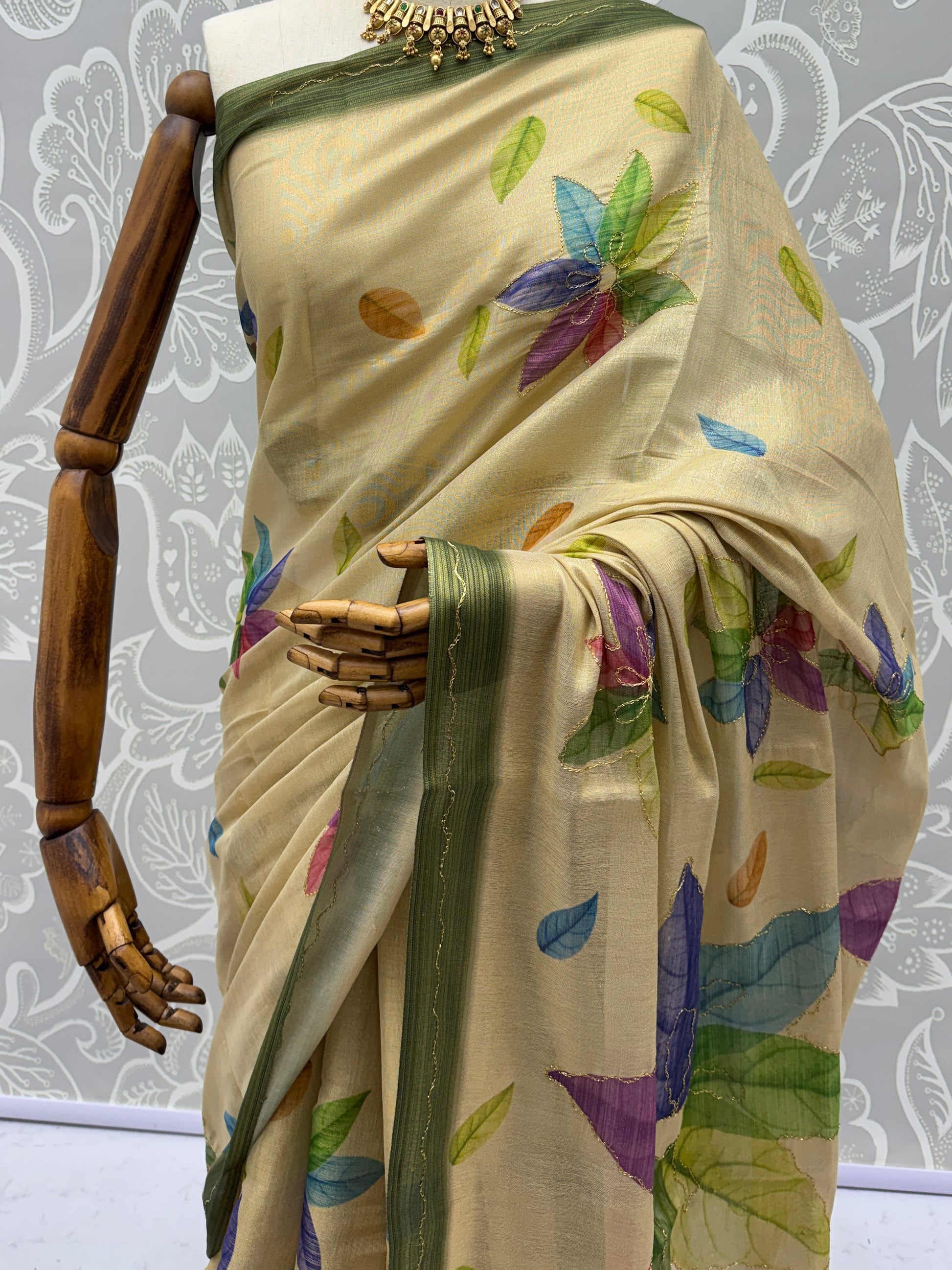 Regal Beige Floral Printed Silk Casual Wear Saree With Blouse