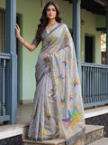 Superd Grey Floral Printed Silk Traditional Saree With Blouse