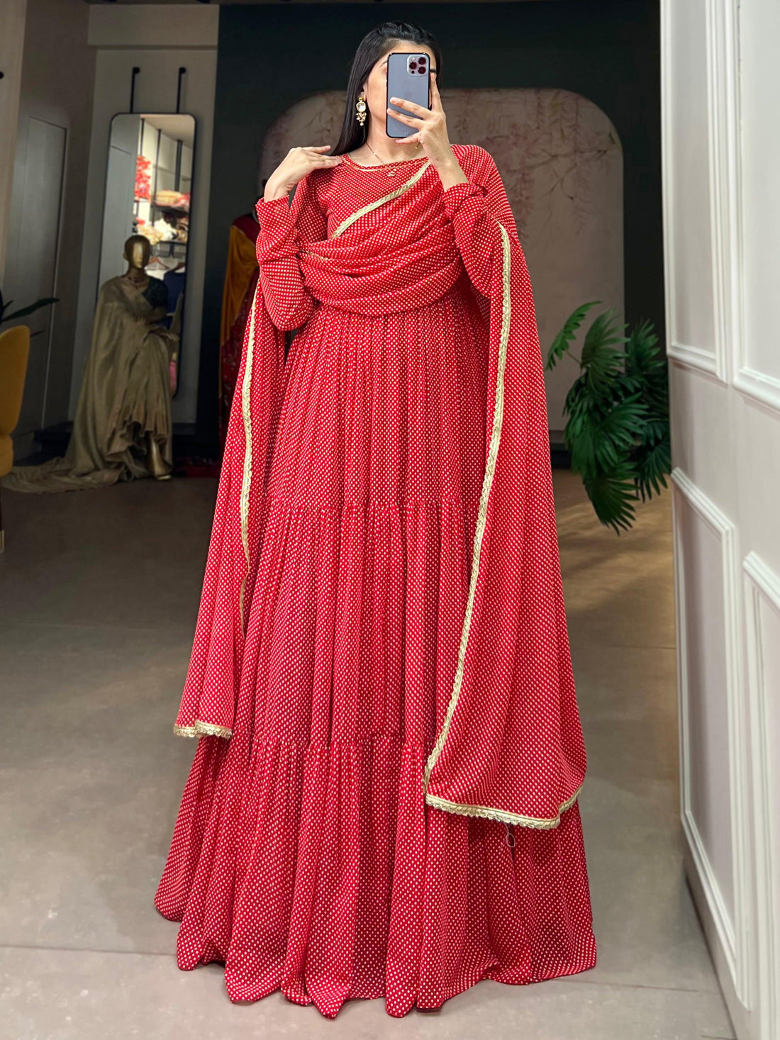 Alluring Red Printed Georgette Festival Wear Gown With Dupatta