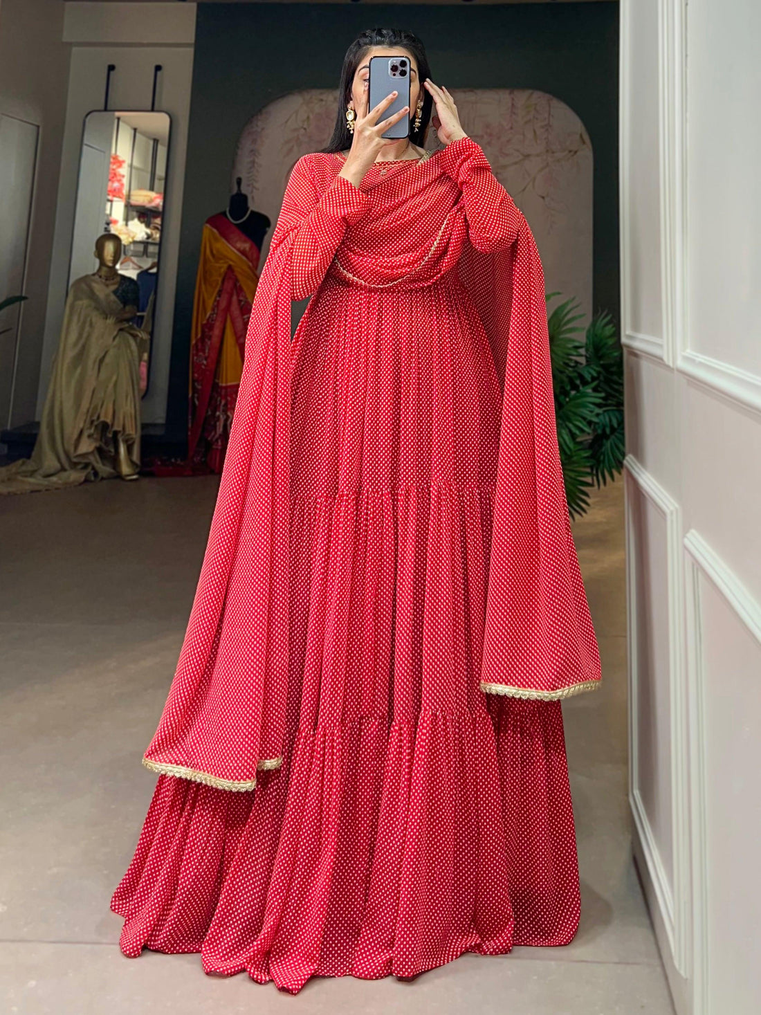 Alluring Red Printed Georgette Festival Wear Gown With Dupatta