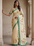 Elegant Cream Floral Printed Silk Festival Wear Saree With Blouse