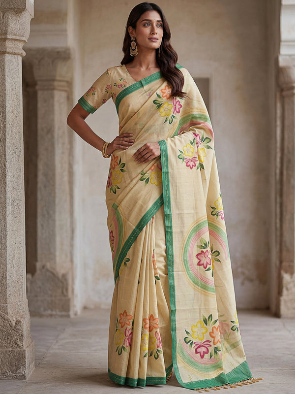 Elegant Cream Floral Printed Silk Festival Wear Saree With Blouse