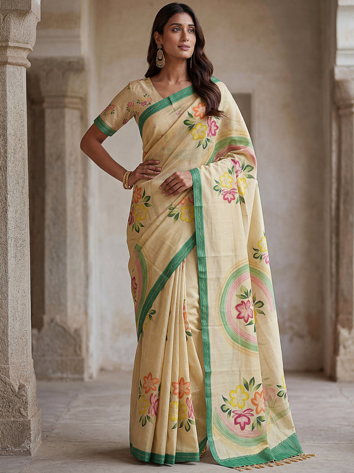 Elegant Cream Floral Printed Silk Festival Wear Saree With Blouse