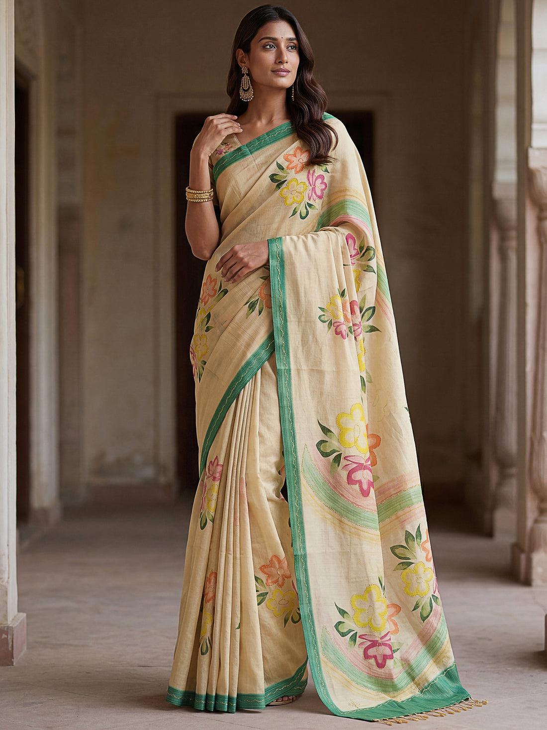 Elegant Cream Floral Printed Silk Festival Wear Saree With Blouse