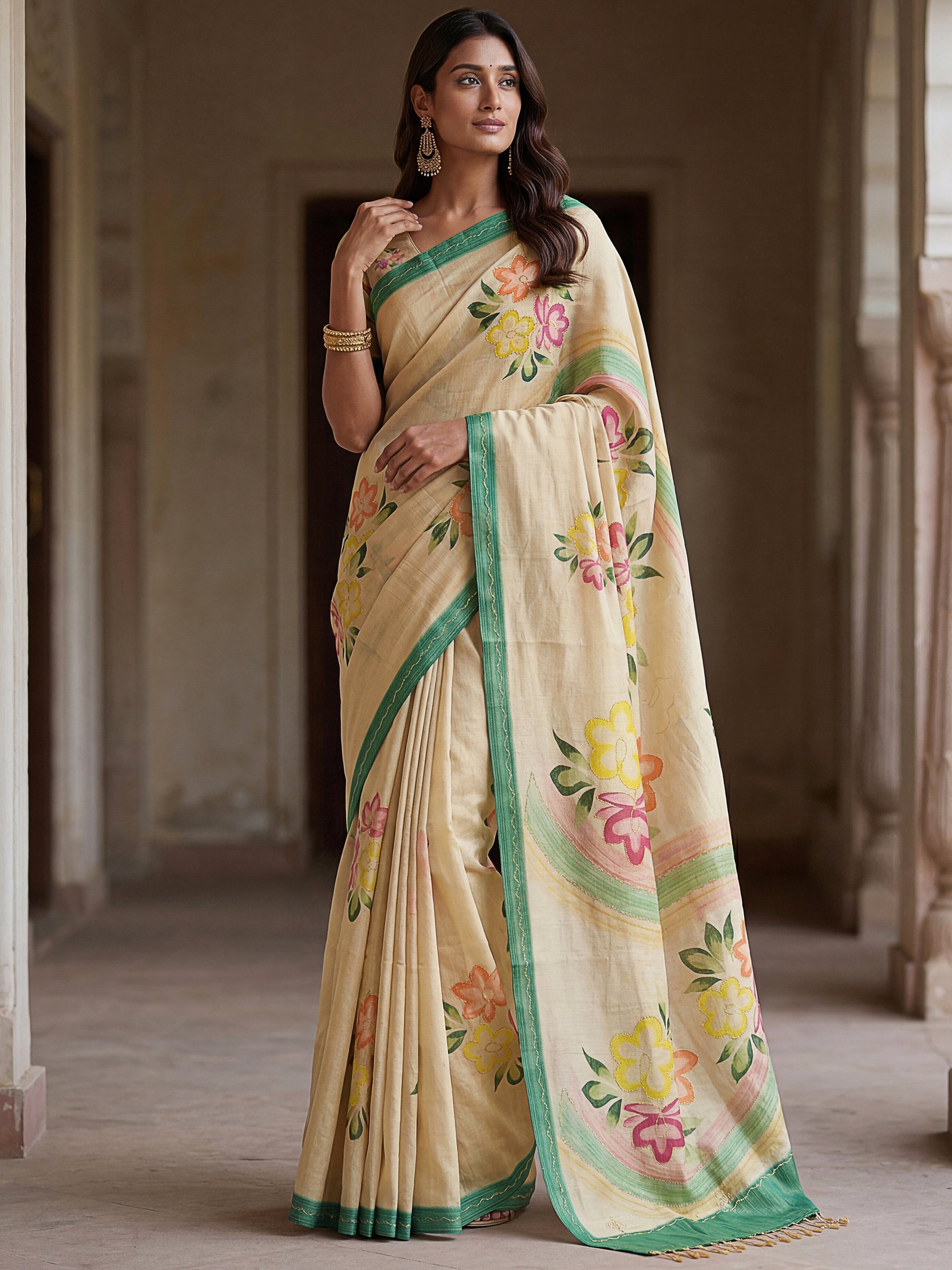 Elegant Cream Floral Printed Silk Festival Wear Saree With Blouse